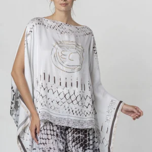 Caftano bianco e marrone con maxi stampa