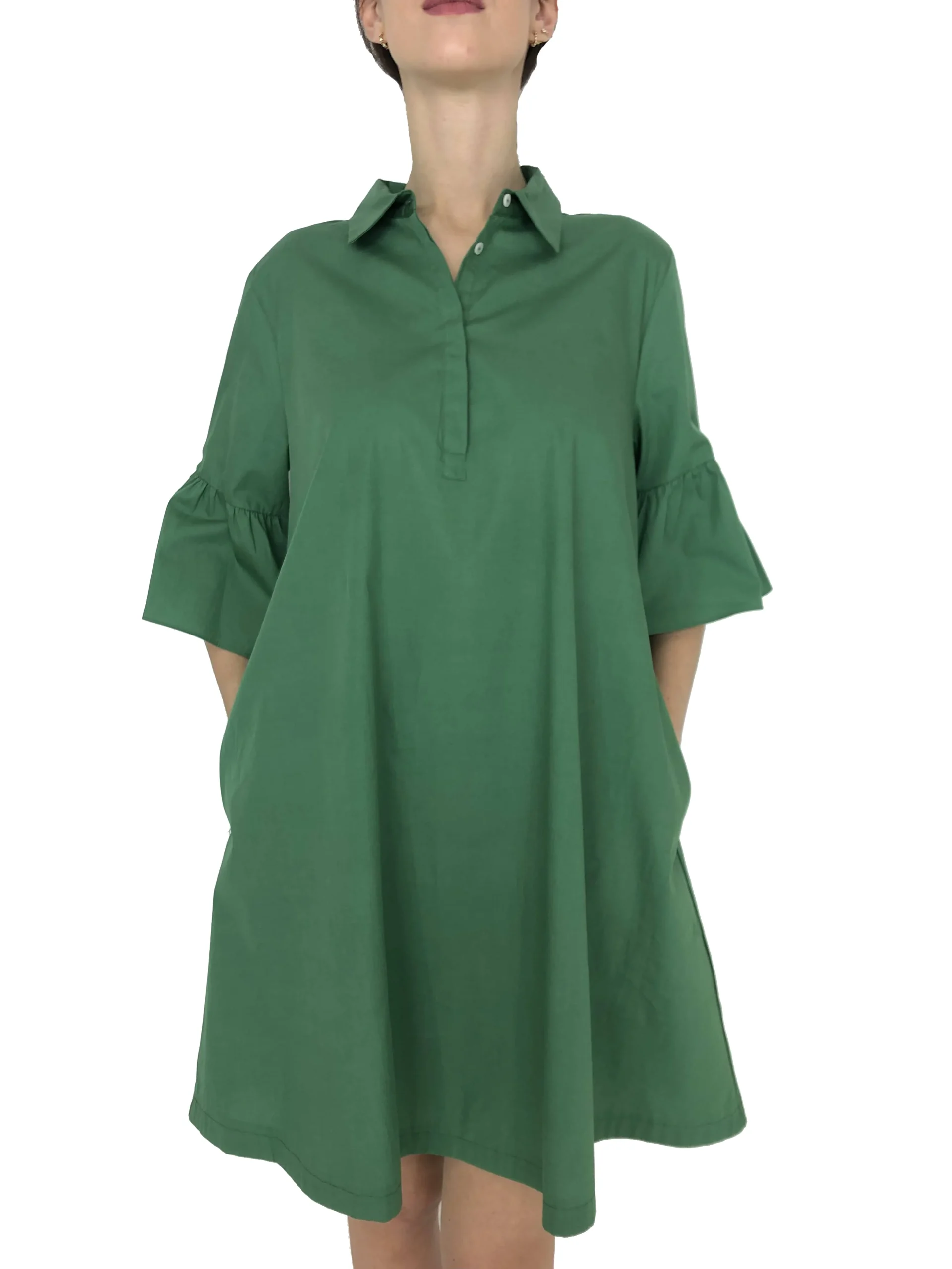 ABITO CORTO VERDE CON VOLANT SULLE MANICHE - immagine 2